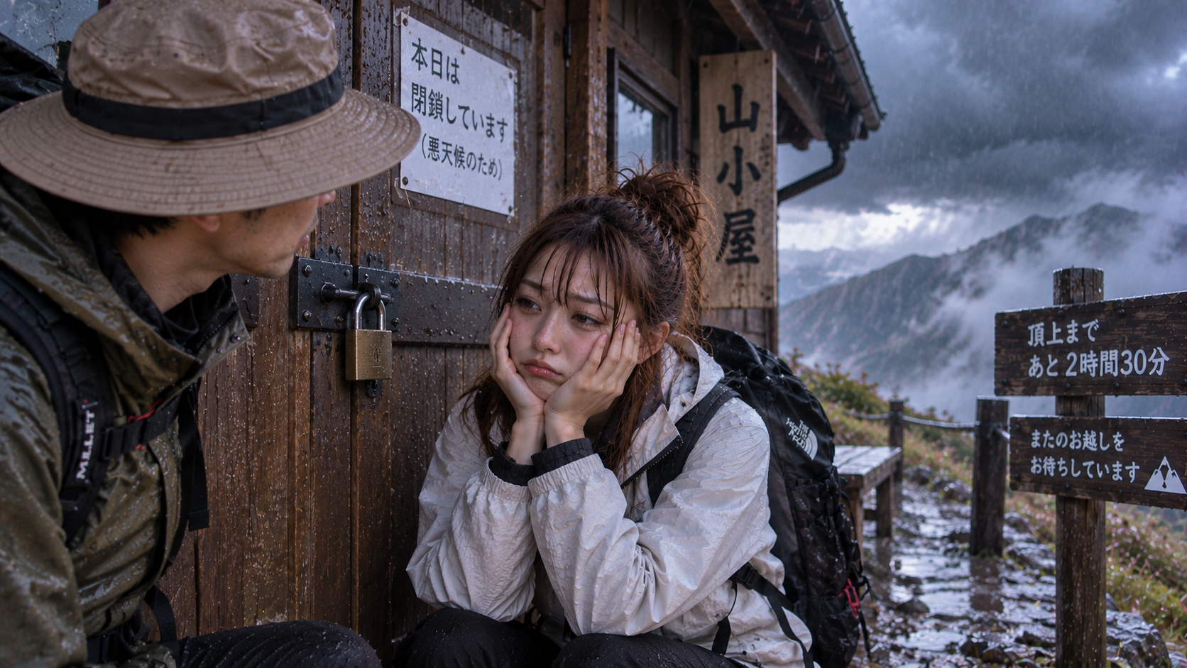 鍵の掛かった山小屋の前で呆然とするエリカ