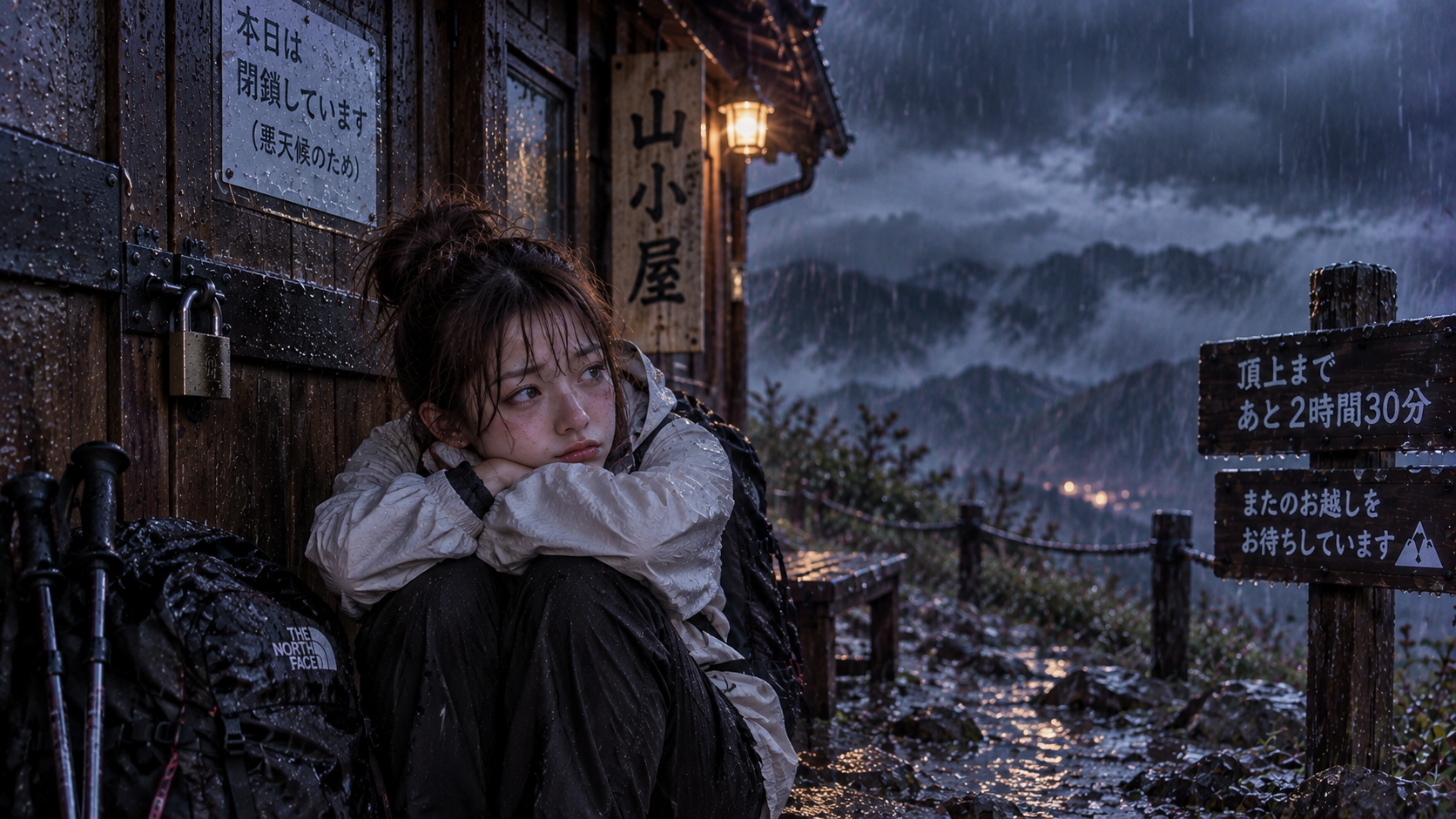 暗くなった山小屋の前、雨の中で呆然とするエリカ