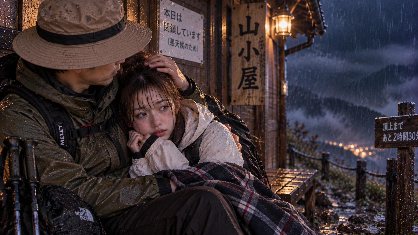 寄り添い、頭を撫でてもらいながら寒さをしのぐ