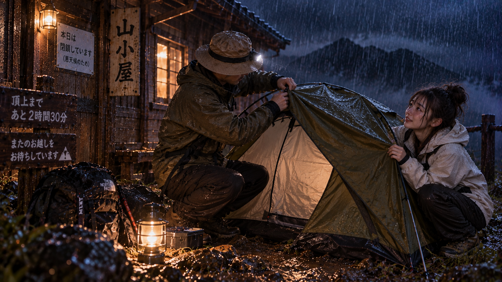 山小屋のすぐそばに二人で緊急用テントを設営