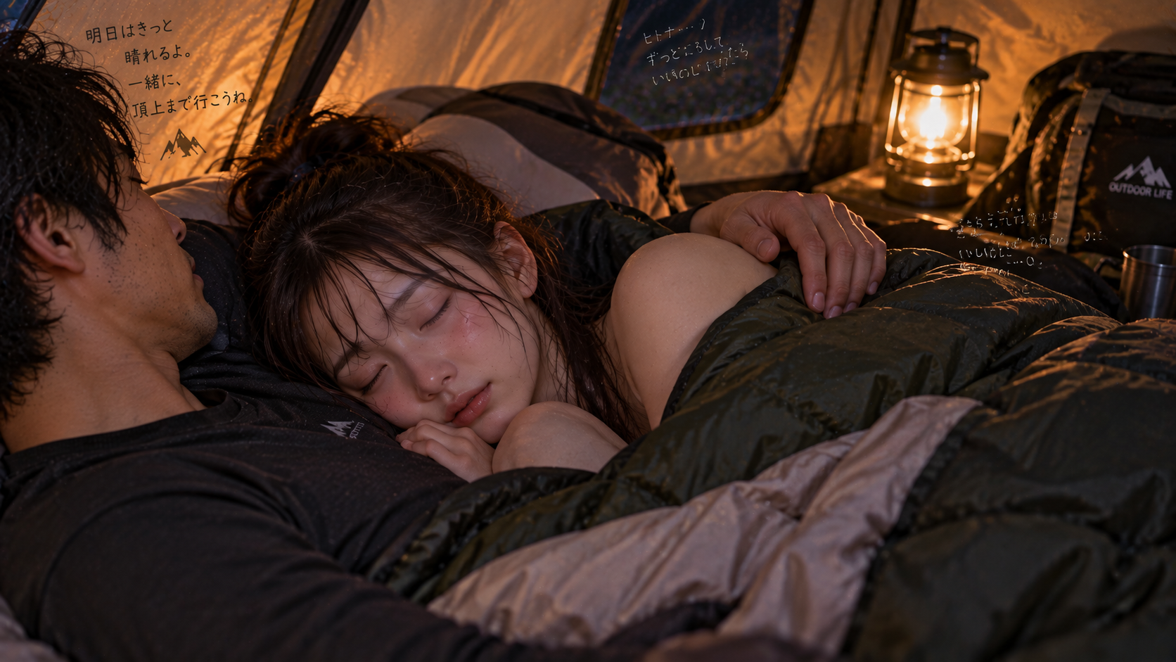 一つの寝袋で寄り添って眠る二人
