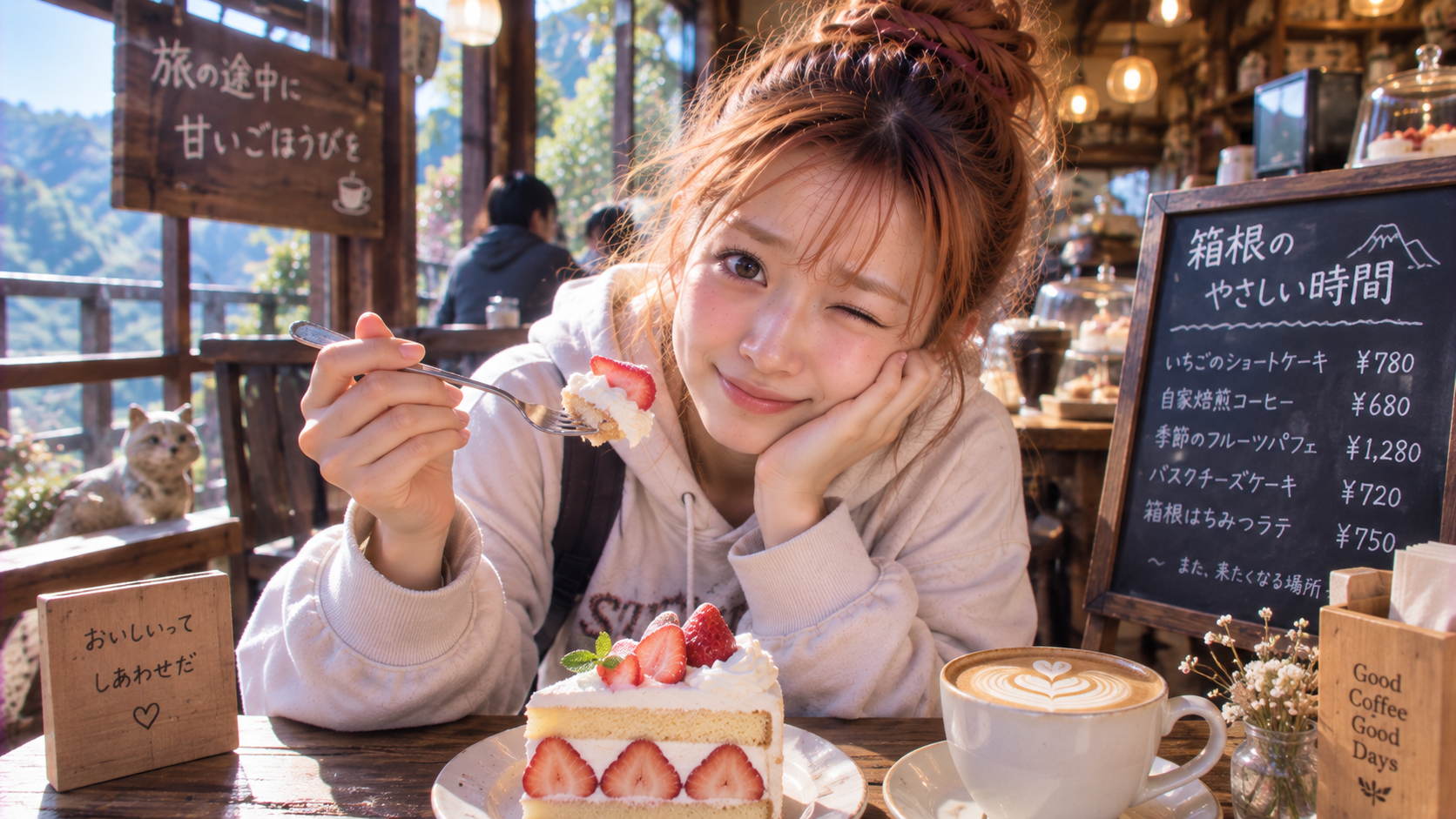 カフェでケーキを食べるエリカ