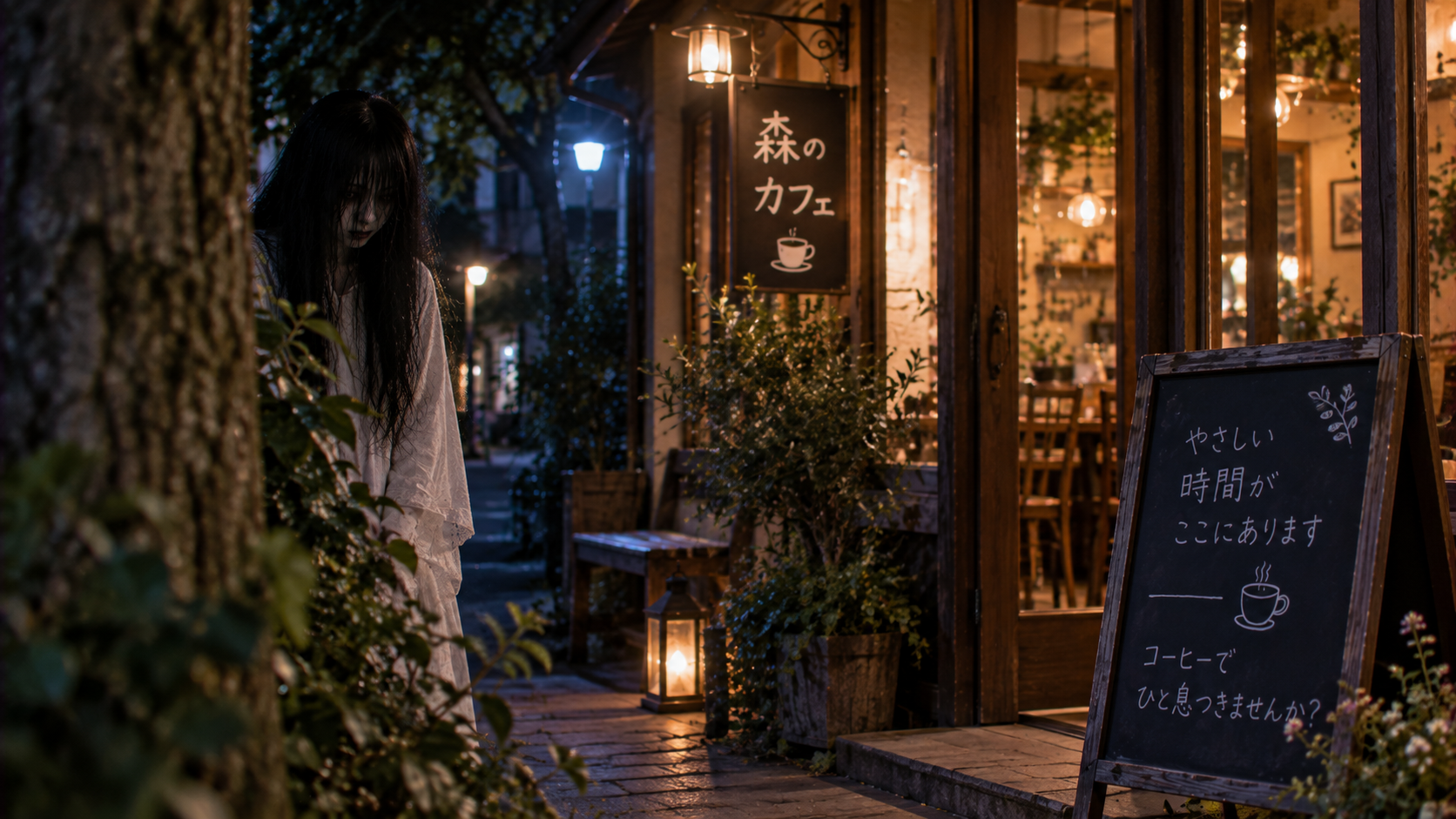 カフェの外からこちらを見ている白いもの