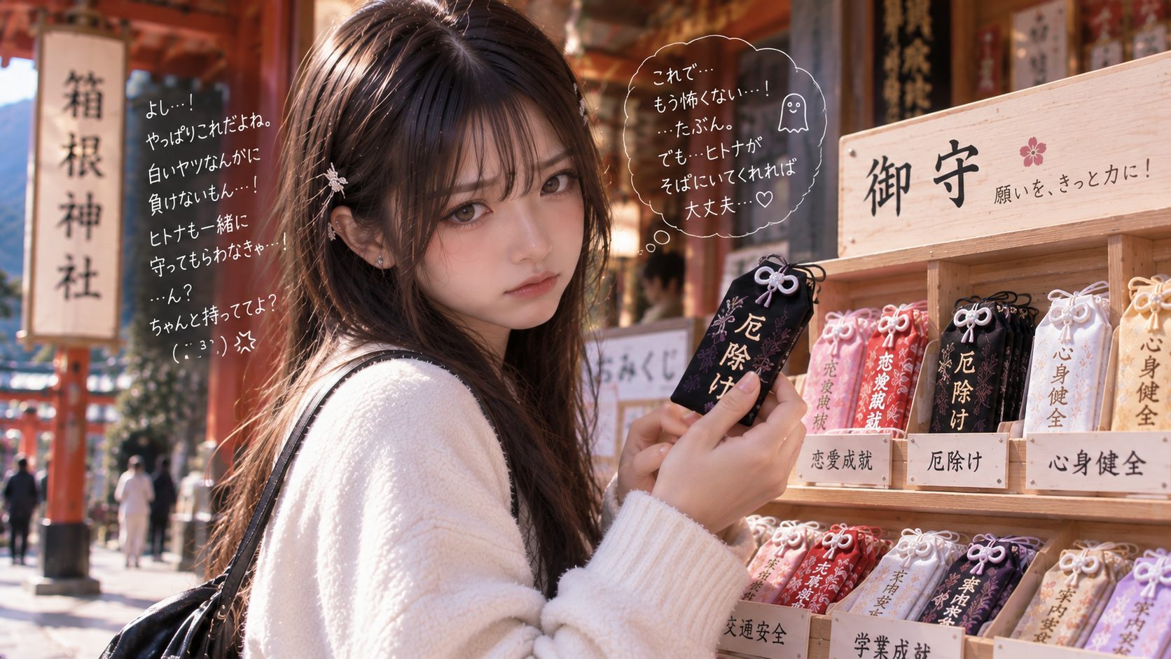 黒い厄除けのお守りを手にするエリカ