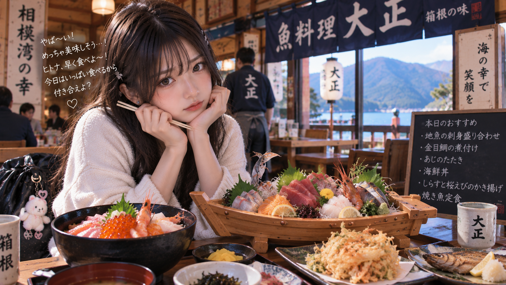 魚料理を前にご機嫌なエリカ