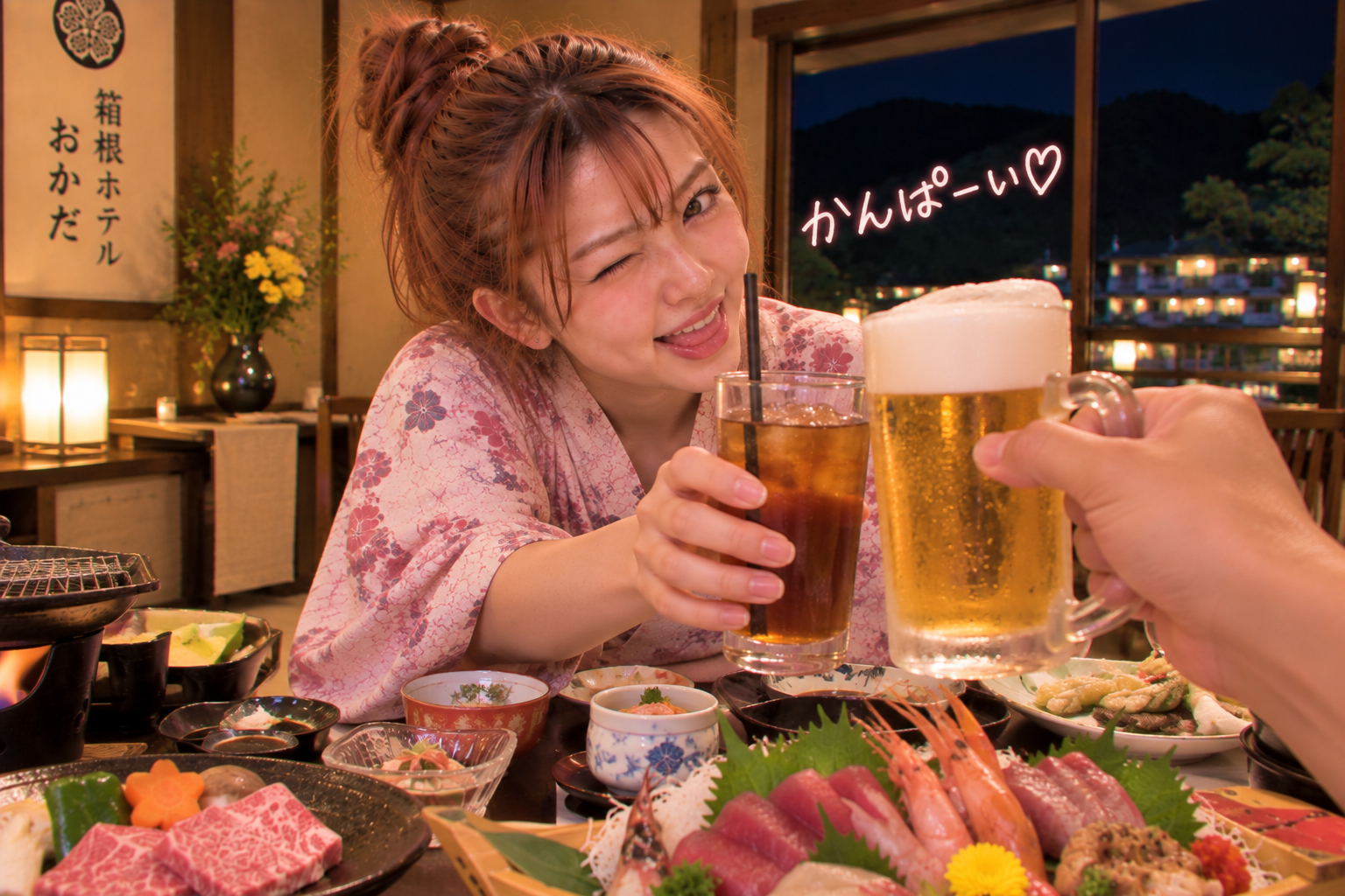 ヒトナのビールとエリカの烏龍茶で乾杯する二人