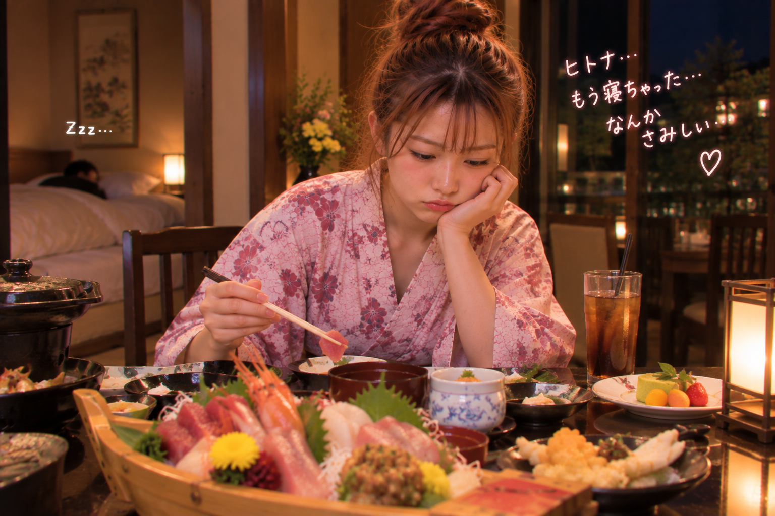 ヒトナが先に寝てしまい、一人で少し寂しそうに食事を続けるエリカ