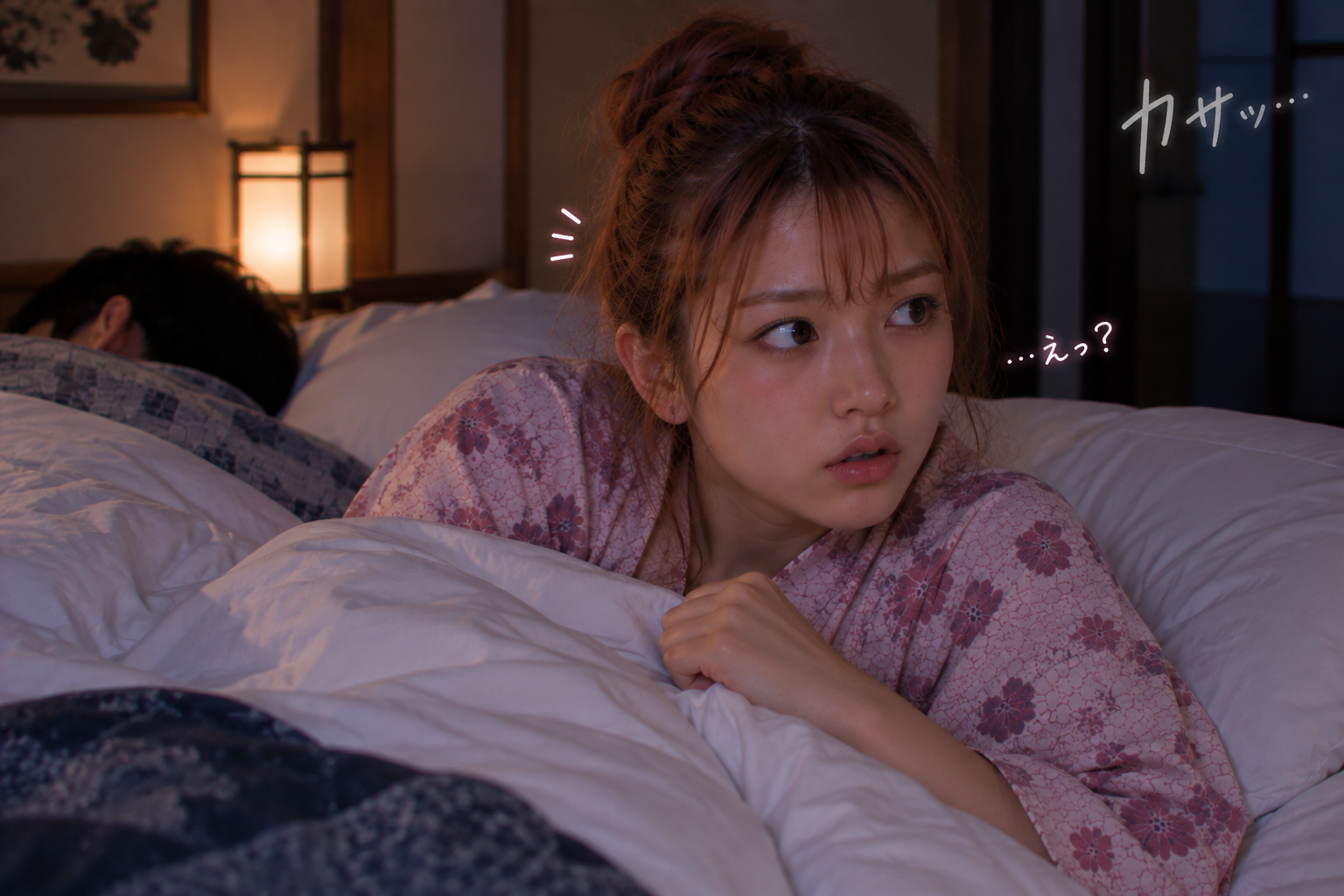夜中の物音に気づいて目を覚ますエリカ