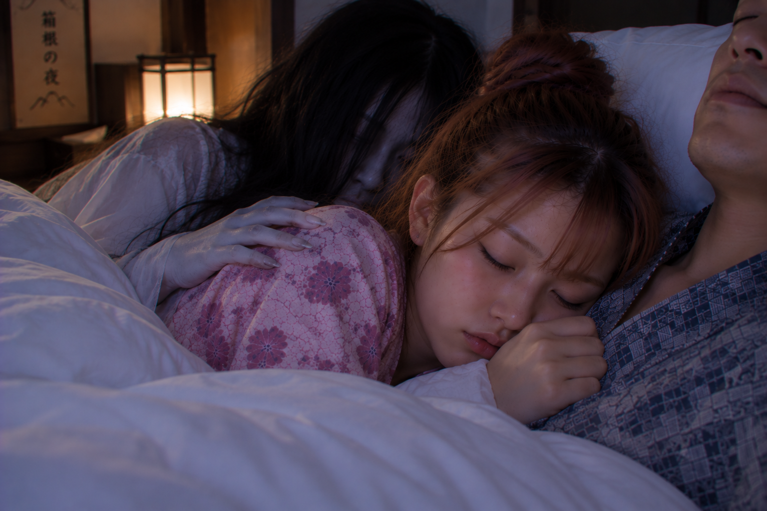 眠るエリカのすぐ後ろに、白い何かが寄り添っている場面