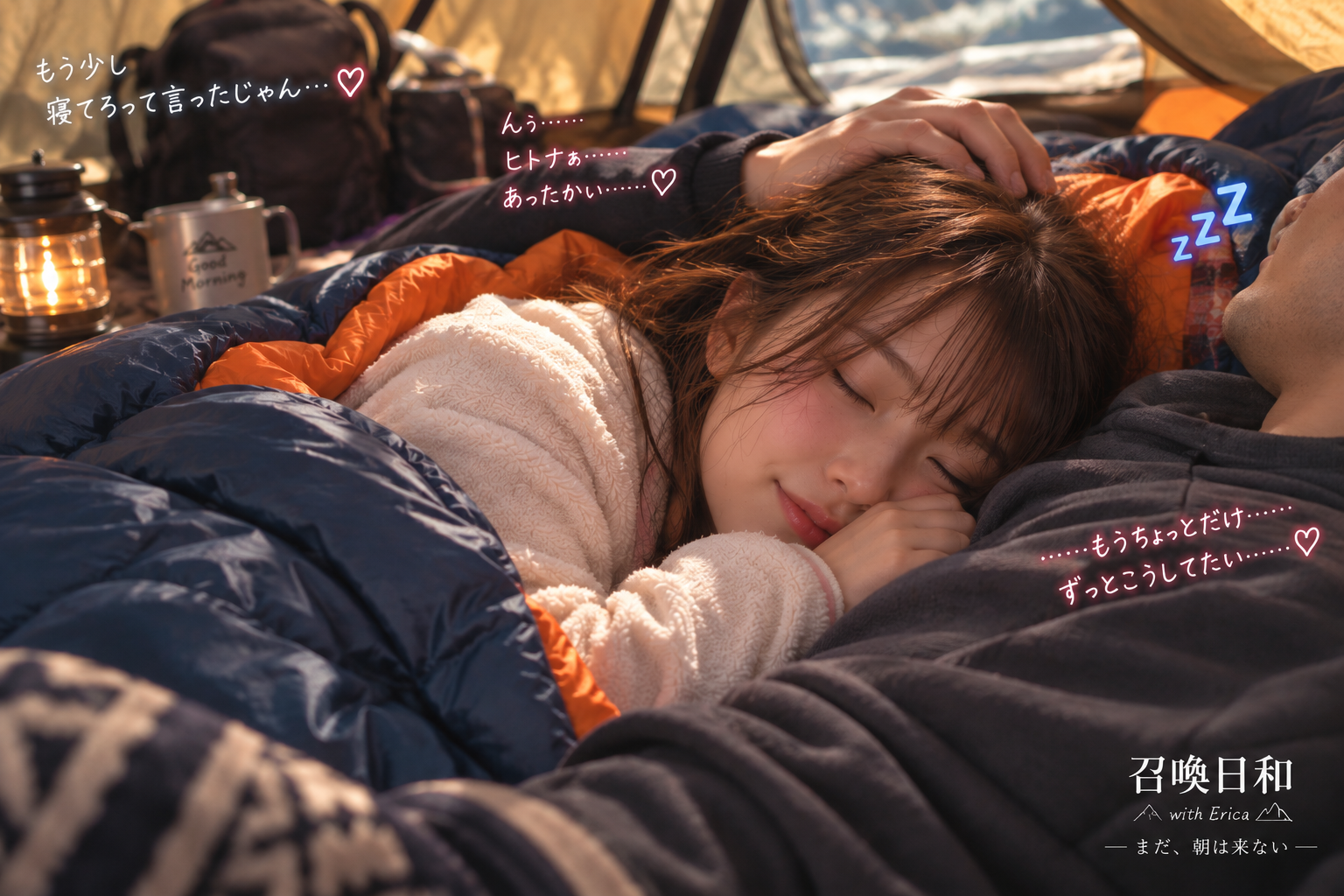 寝袋で一緒に寄り添って眠る二人
