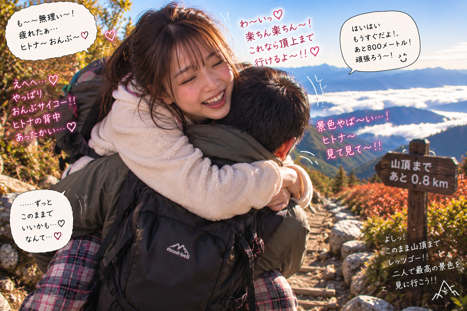 ヒトナにおんぶしてもらって大喜びするエリカ