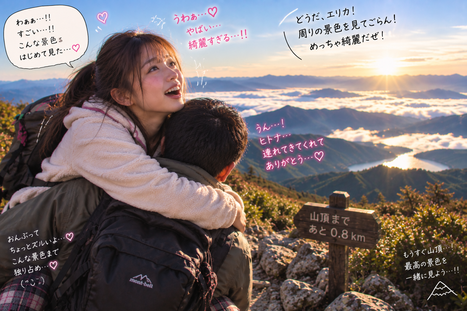 おんぶされたまま山頂近くの絶景に感動するエリカ