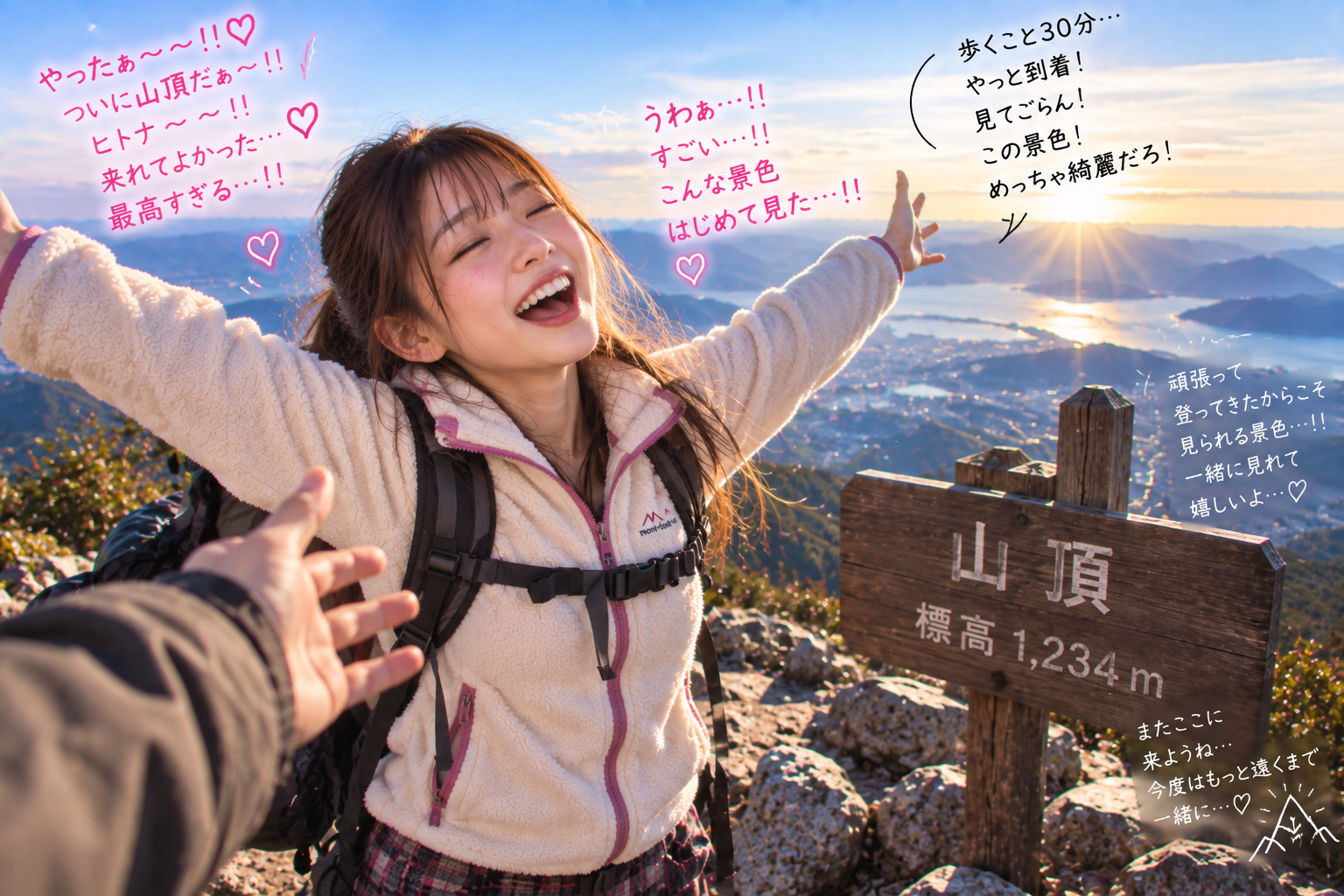 山頂に到着し、絶景に大喜びするエリカ