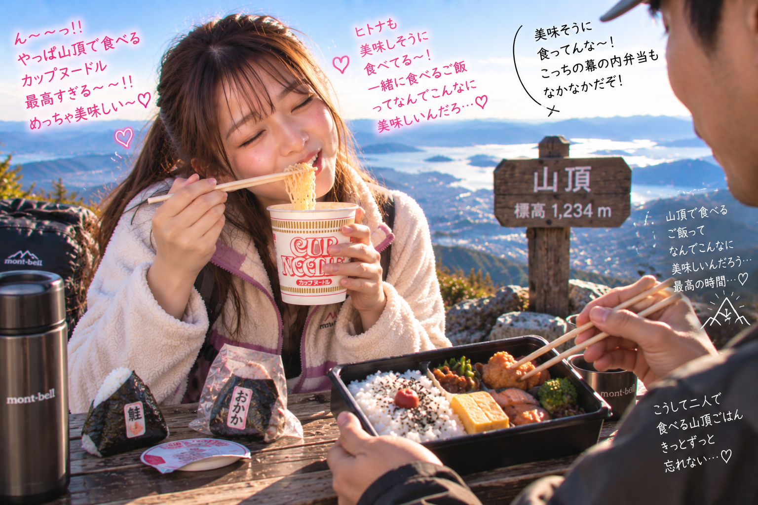 カップヌードルを食べるエリカの横で、豪華な幕の内弁当を食べるヒトナ