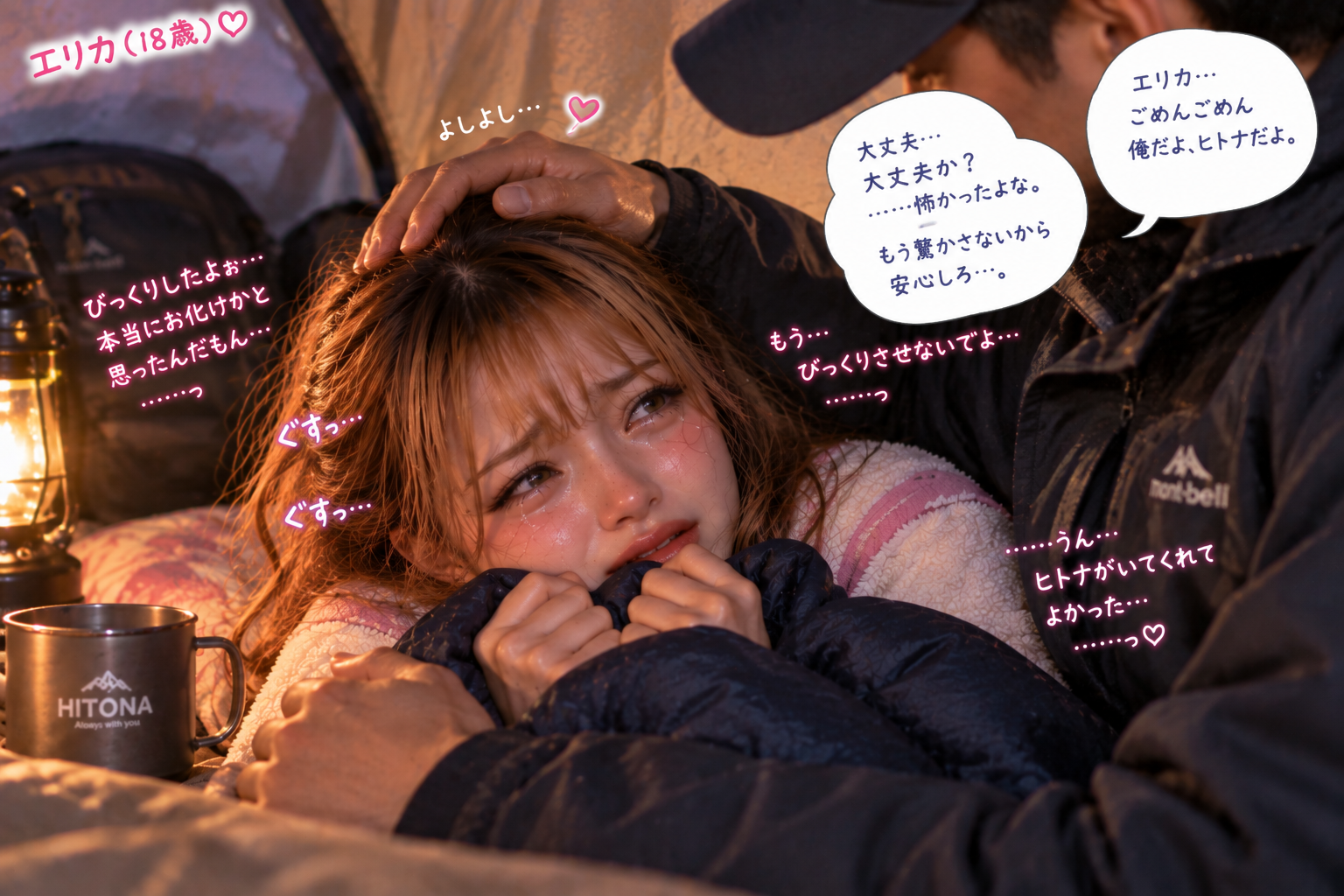 泣いているエリカの頭を撫でて落ち着かせるヒトナ