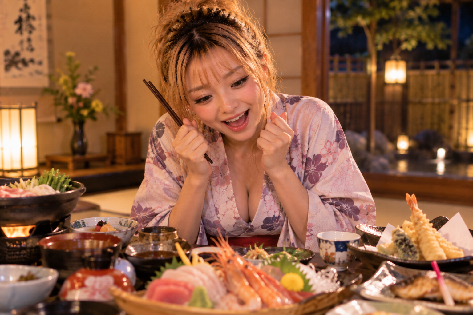 豪華な料理を目の前にして大喜びする浴衣姿のエリカ