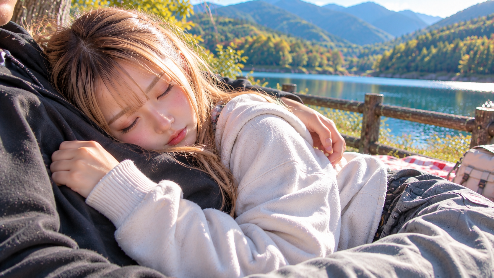ヒトナに寄り添って昼寝しているエリカ