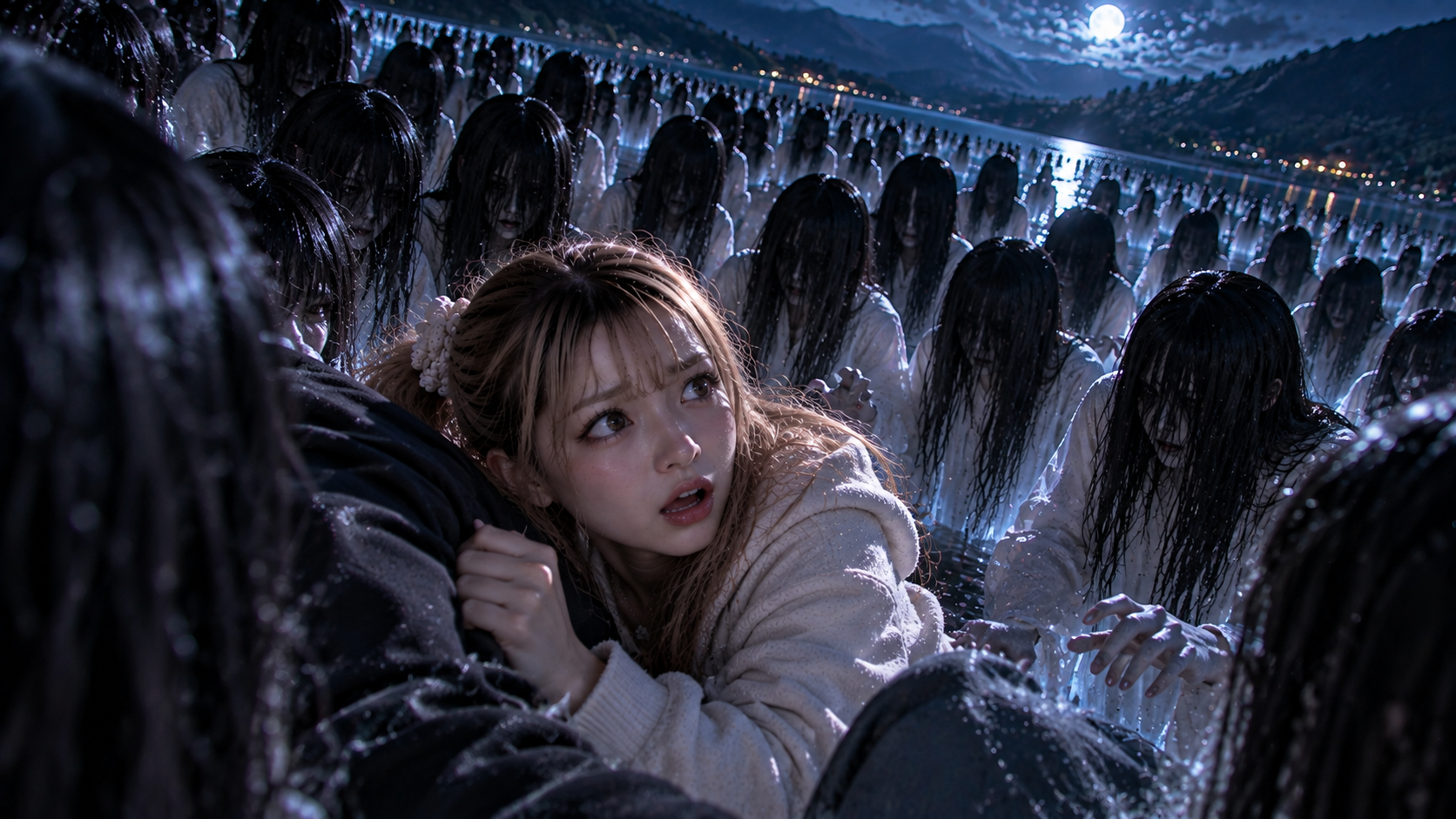 何百人もの透けた人影に囲まれる二人