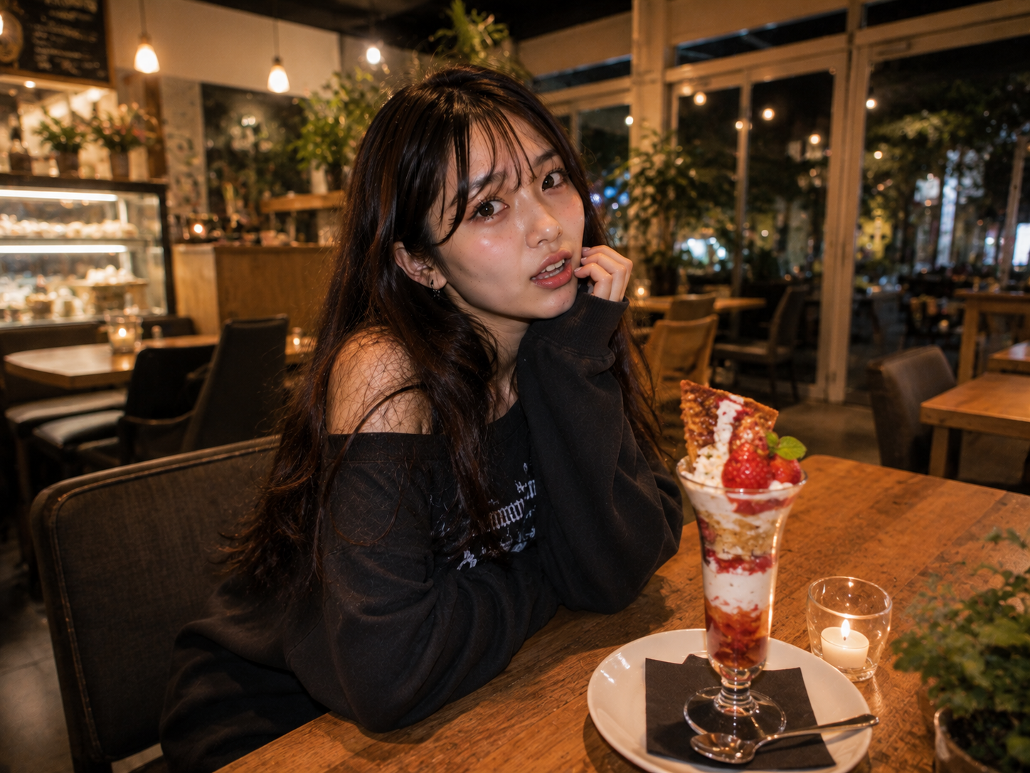 おしゃれなカフェでパフェを楽しむエリカ