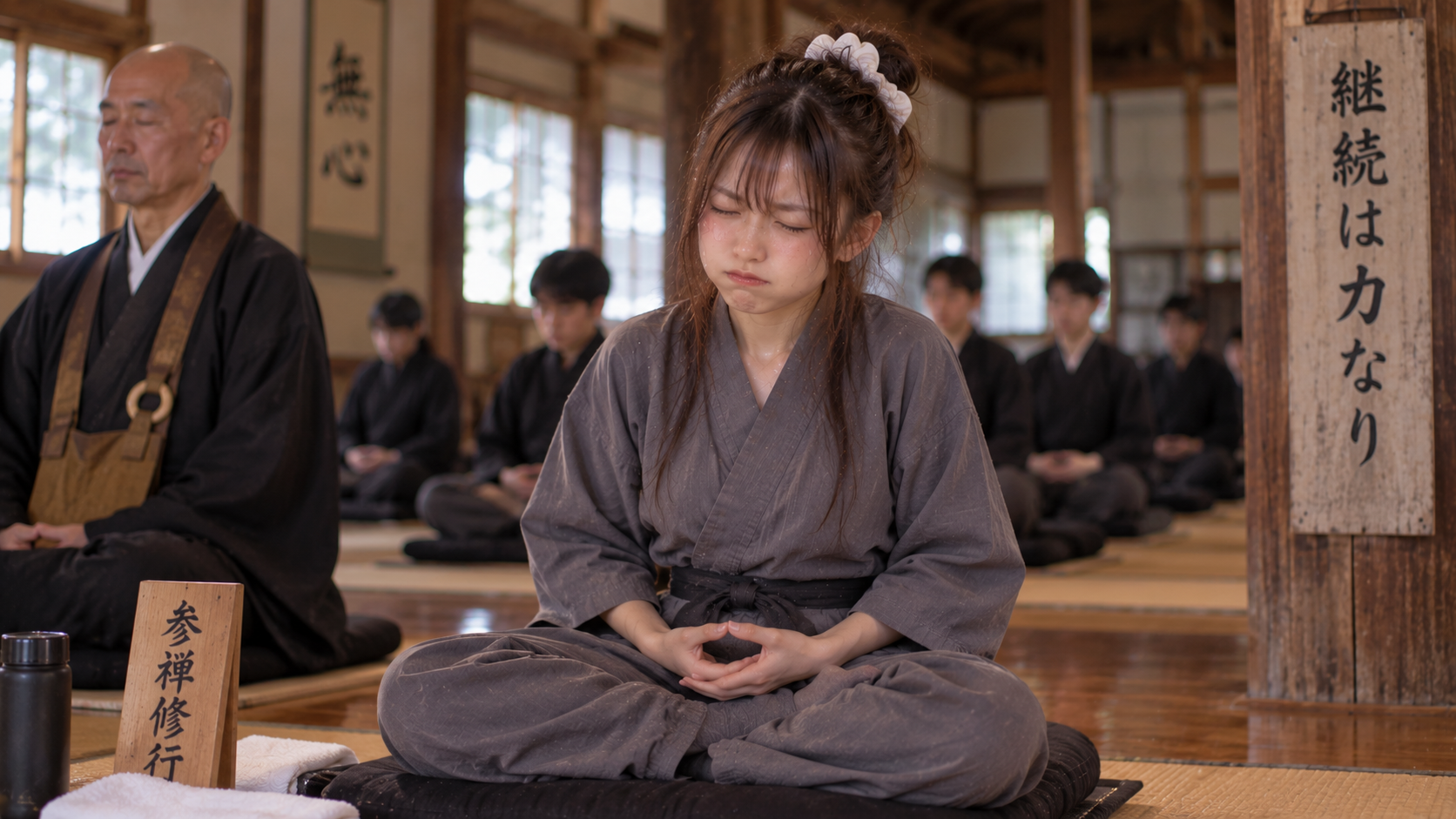 坐禅を組み、真剣な表情でお経を唱えるエリカ