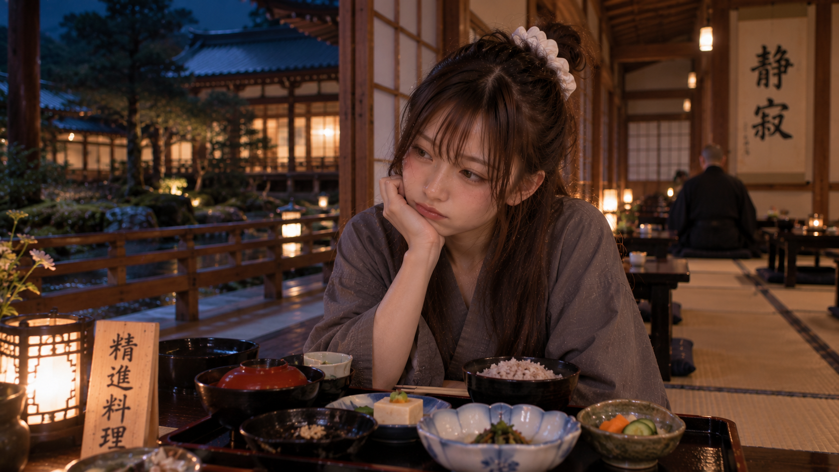 精進料理を前にしているエリカ