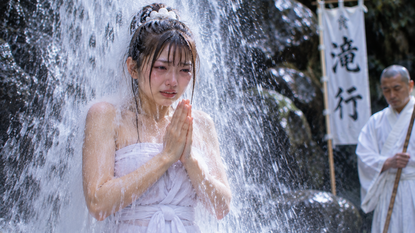 冷たい水に耐えながら滝行に挑戦するエリカ
