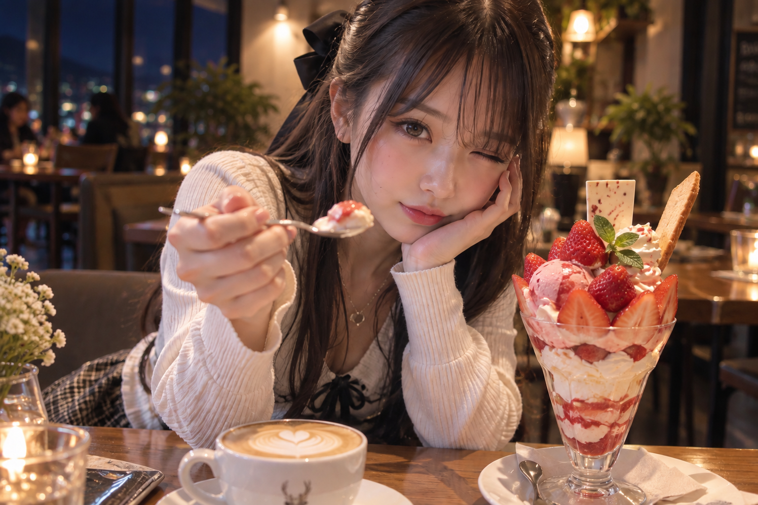 夜カフェの清楚系エリカとイチゴパフェ
