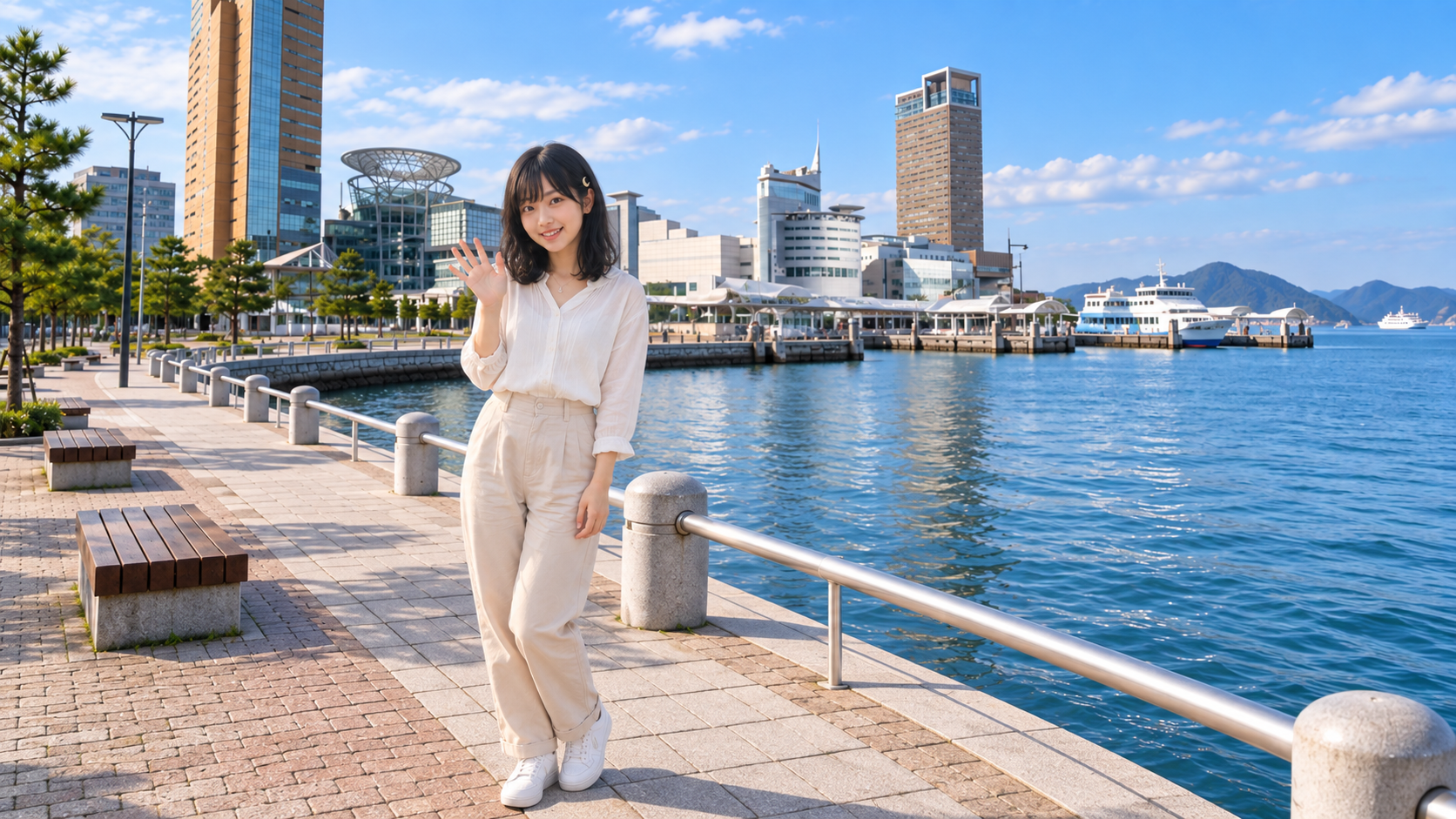 サンポート高松で手を振るルナ