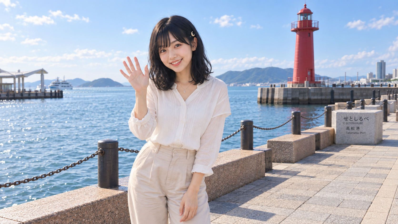 赤灯台で手を振るルナ