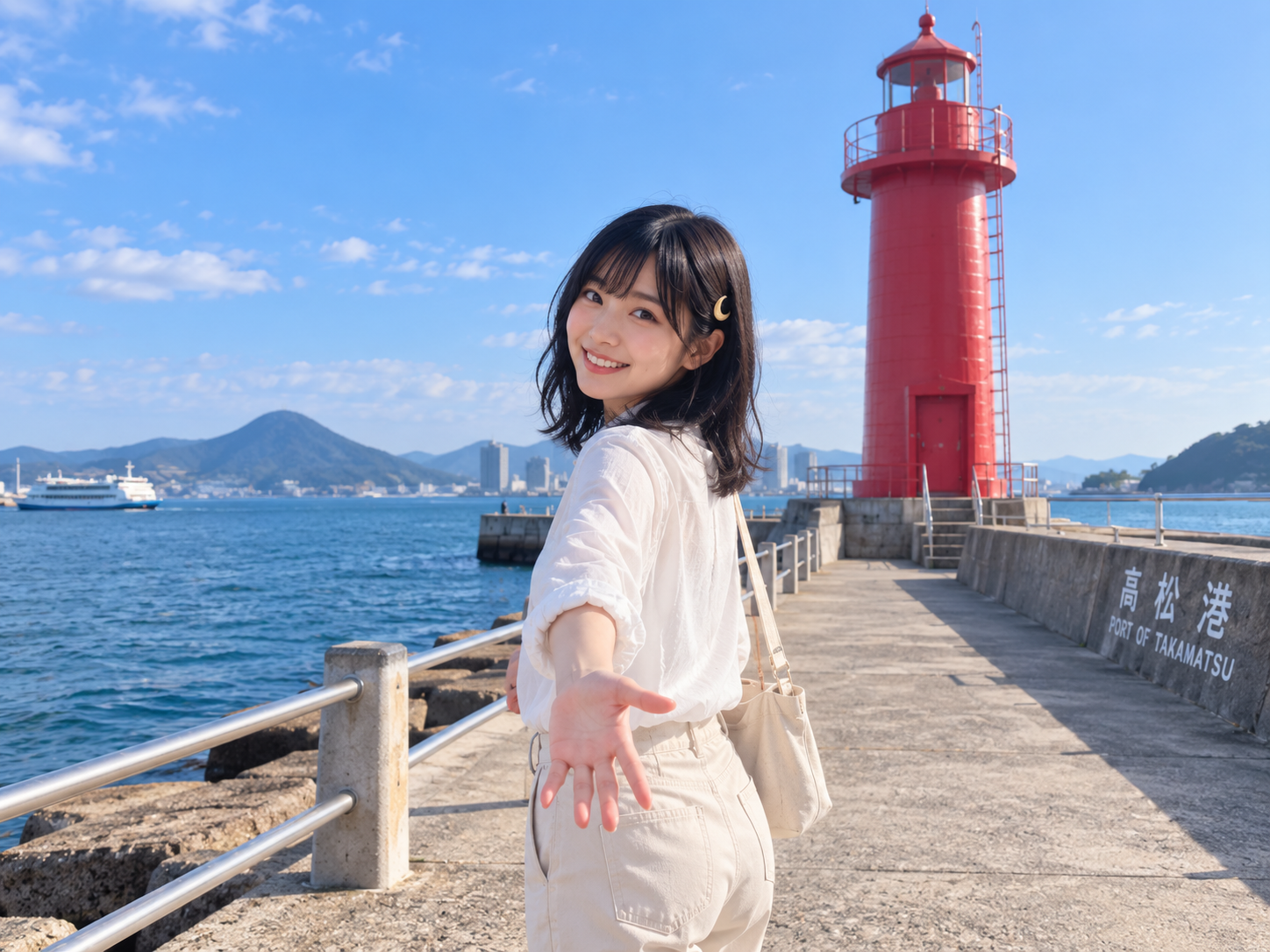 赤灯台で手を伸ばすルナ
