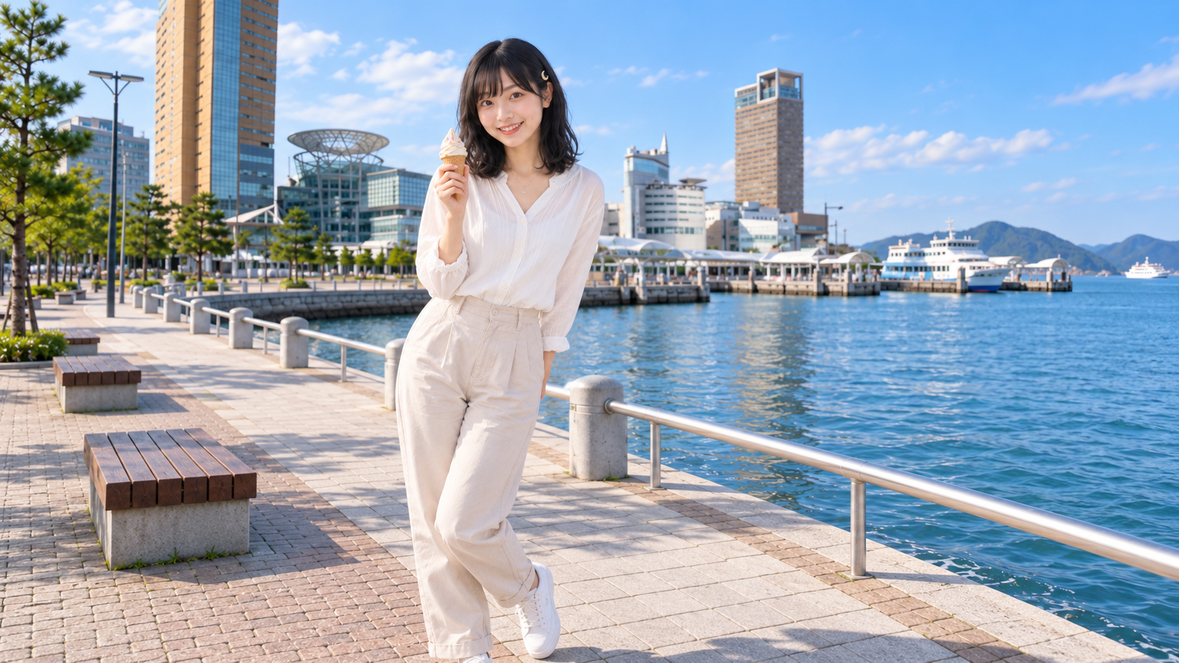 港でアイスを持つルナ
