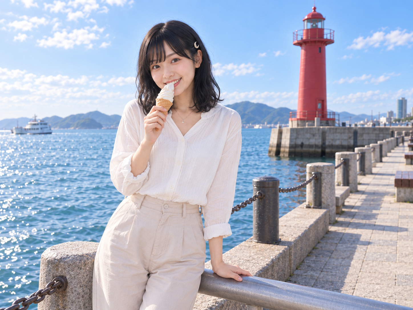 赤灯台を背景にアイスを食べるルナ