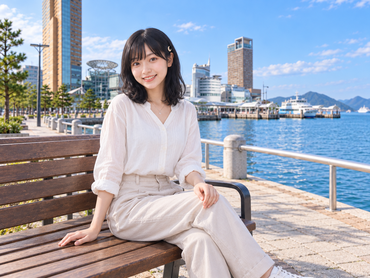 港のベンチに座るルナ
