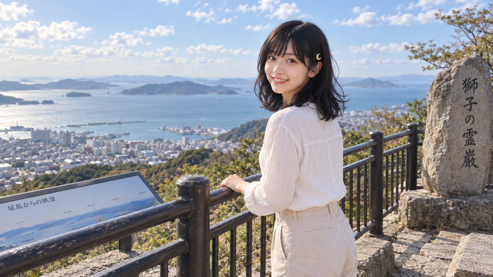 獅子の霊巌で景色を背にするルナ