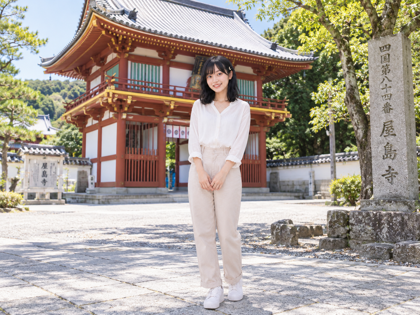 屋島寺の門前に立つルナ