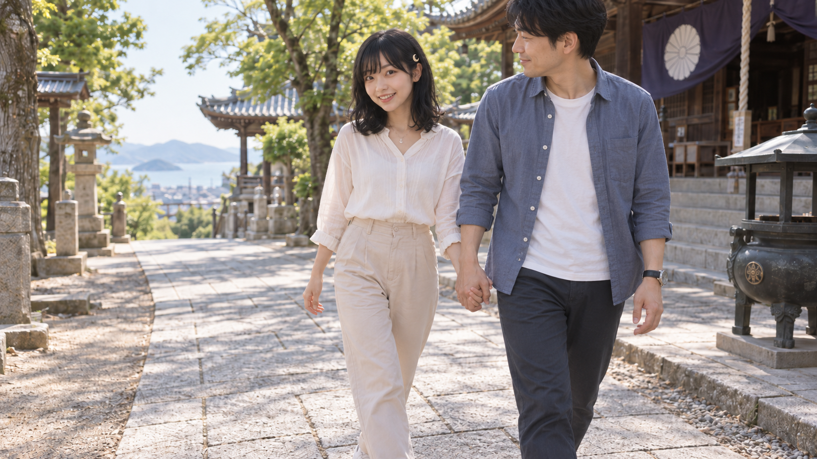 屋島寺の境内を手をつないで歩く二人