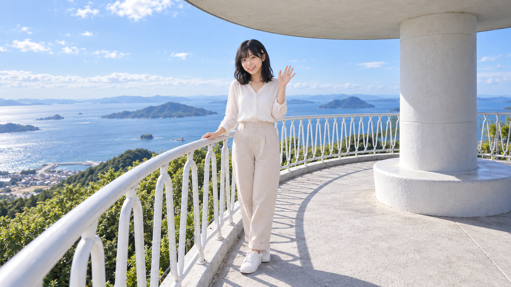 遊鶴亭で景色を背景に立つルナ