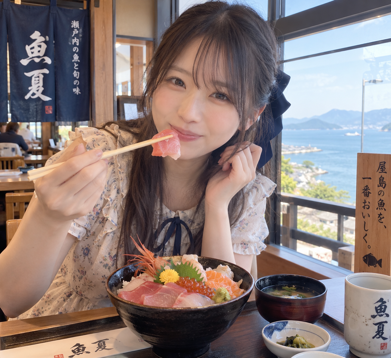 魚夏で海鮮丼を食べるルナ