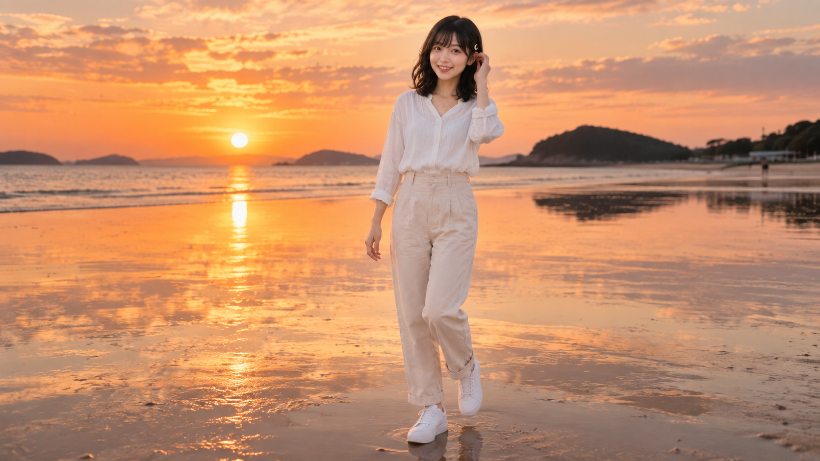 夕方の父母ヶ浜に立つルナ