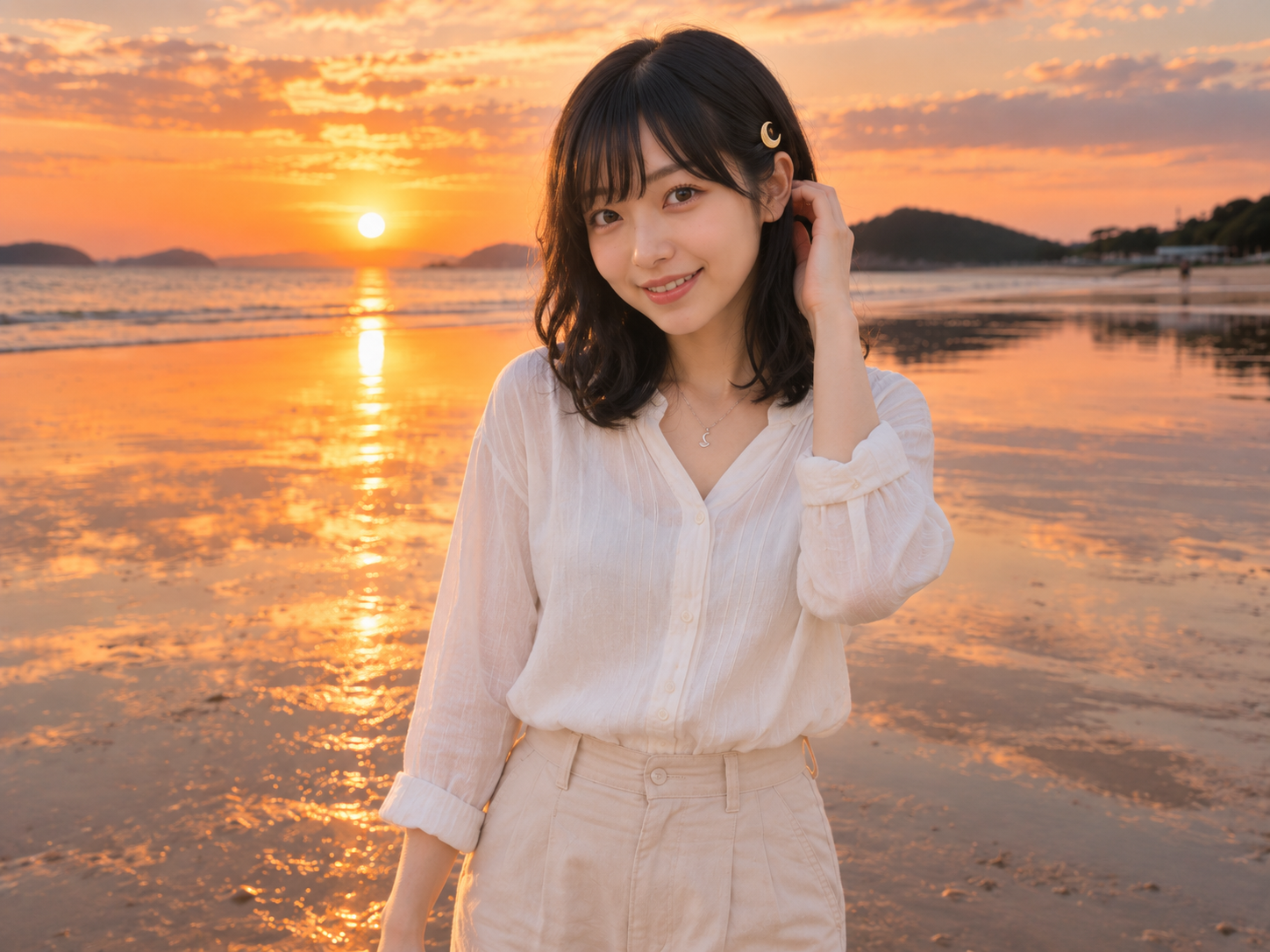 夕日の父母ヶ浜で近くにいるルナ