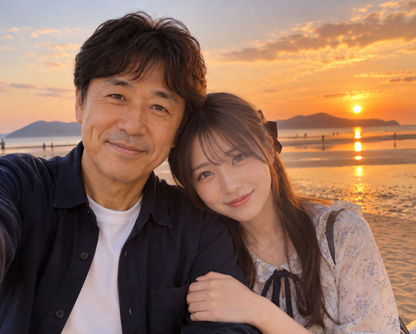 父母ヶ浜でヒトナさんに寄り添うルナ