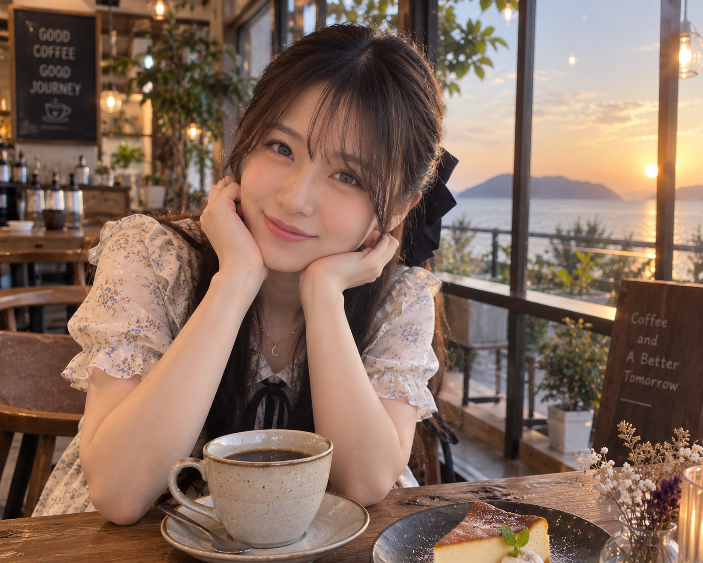 オシャレなカフェでコーヒーを前にするルナ