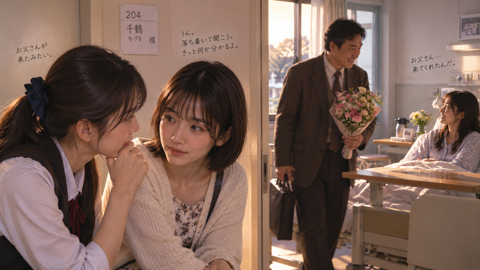 204号室へお見舞いに来た千鶴さんのお父さん。両みちるが相談しているシーン