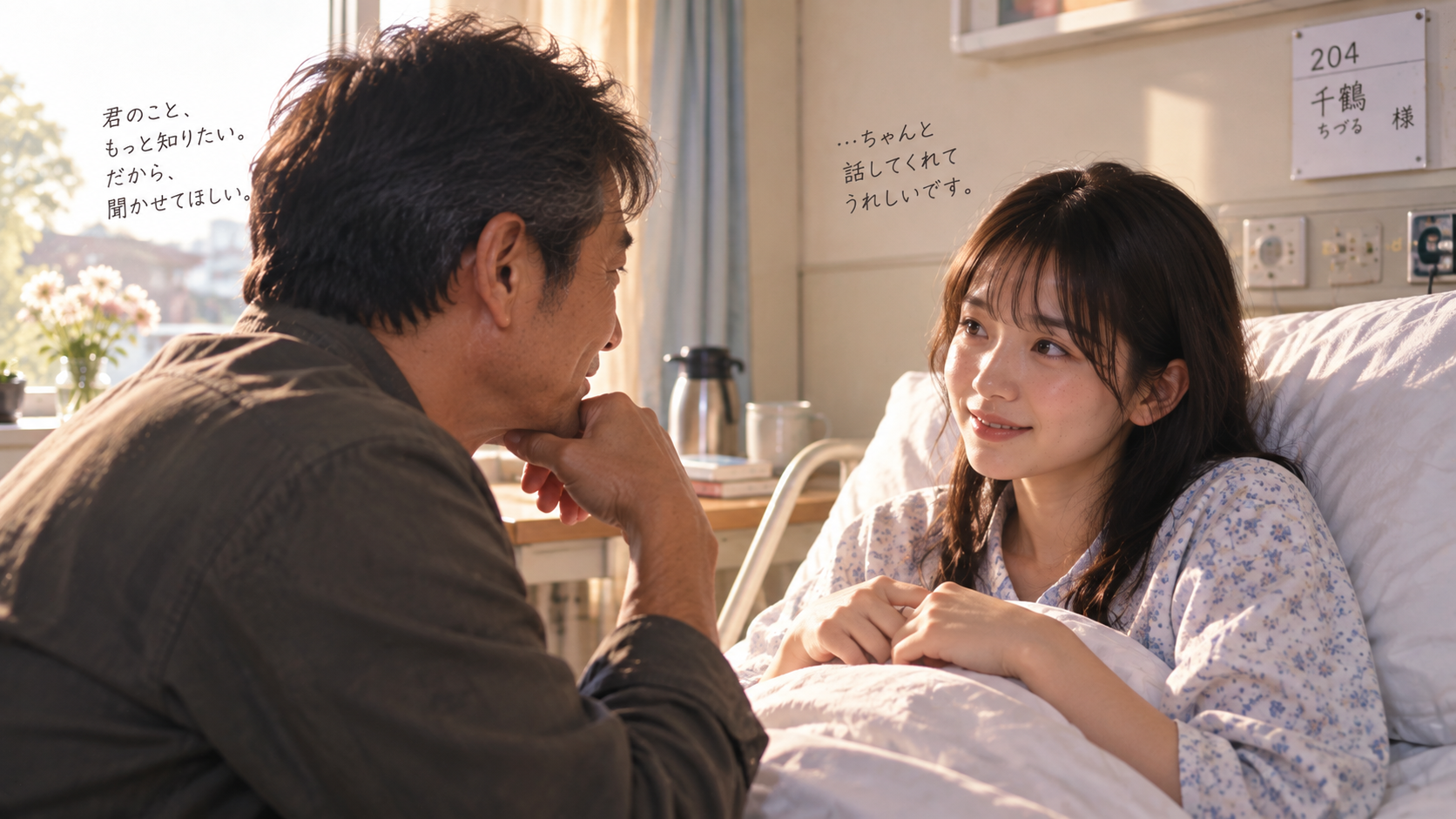 病室で千鶴さんと話をするヒトナ