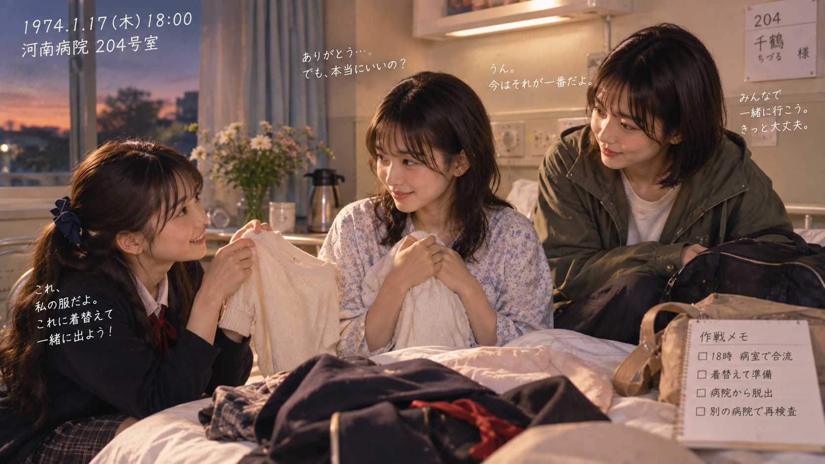 1974年1月17日18時、204号室。脱出の準備をする千鶴さんと両みちる