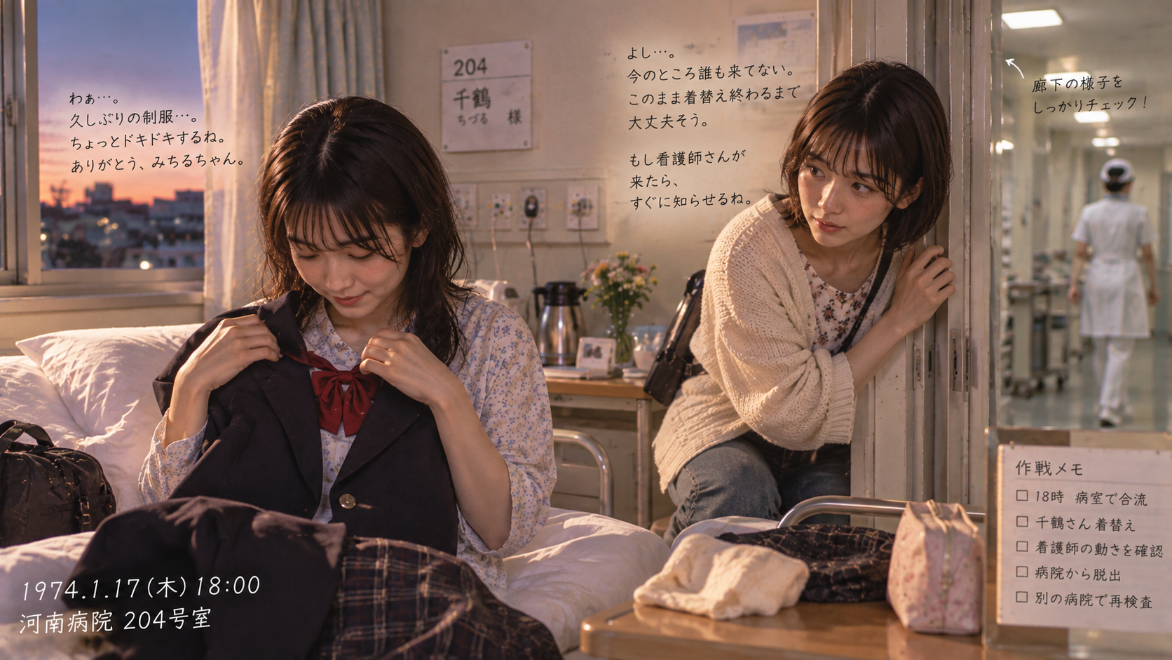 現在みちるが廊下を見張る中、高校生みちるの学生服へ着替える千鶴さん