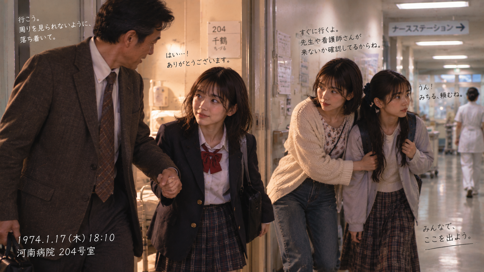 学生服姿の千鶴さんを連れて204号室を出るヒトナ