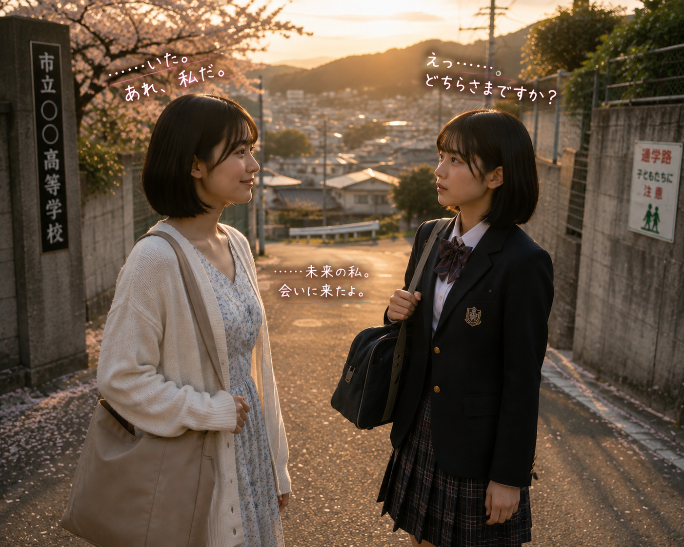 夕暮れの通学路で、高校生のみちると出会った場面