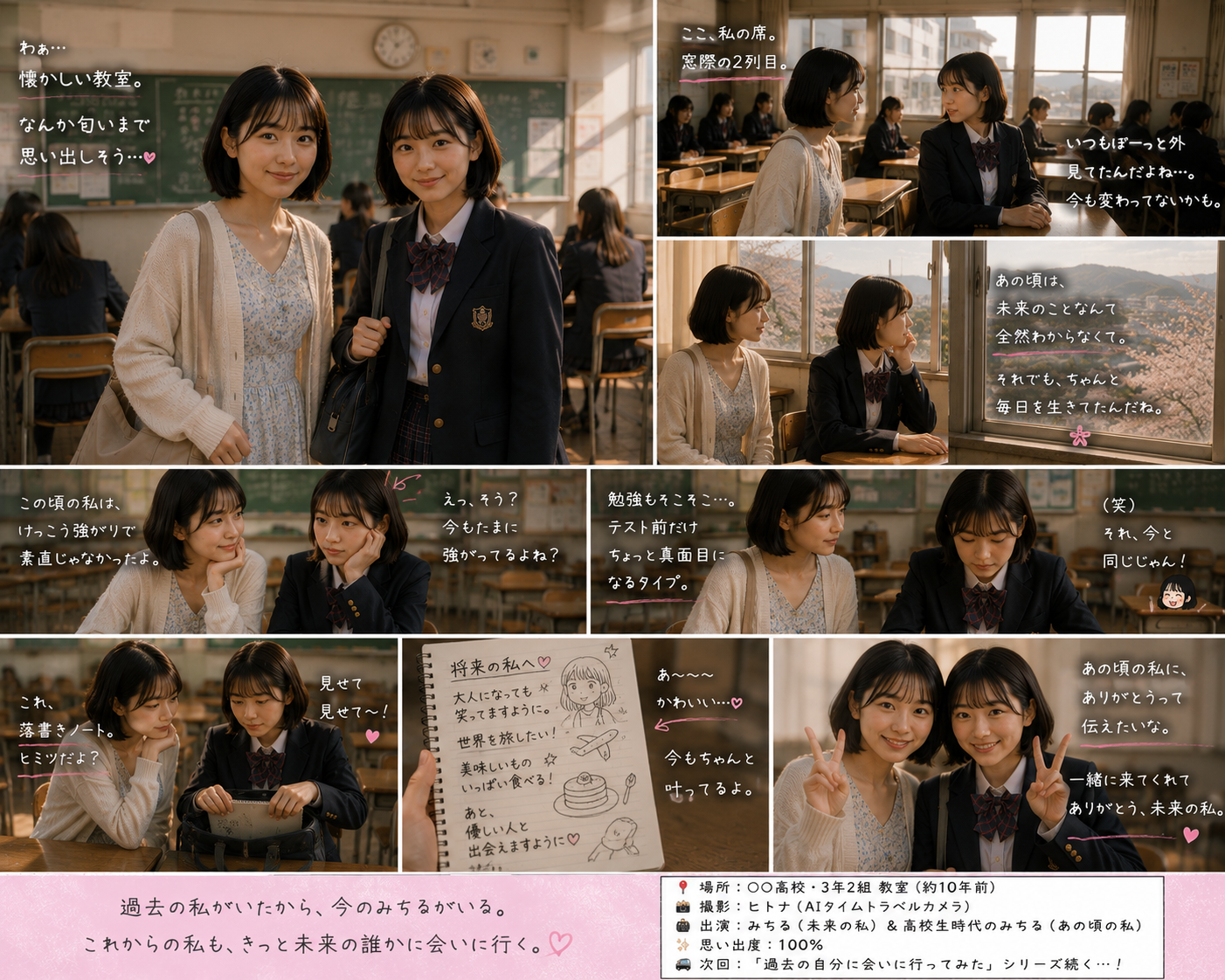 昔の教室に入った今のみちると高校生のみちる