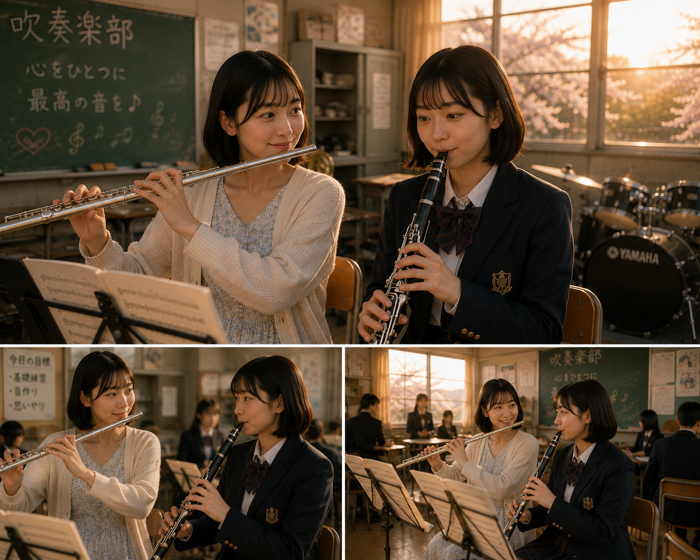 高校生のみちると一緒に楽器を演奏する場面